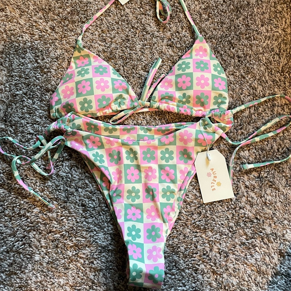 Aurelie Pink & Green Floral Check Triangle Bikini